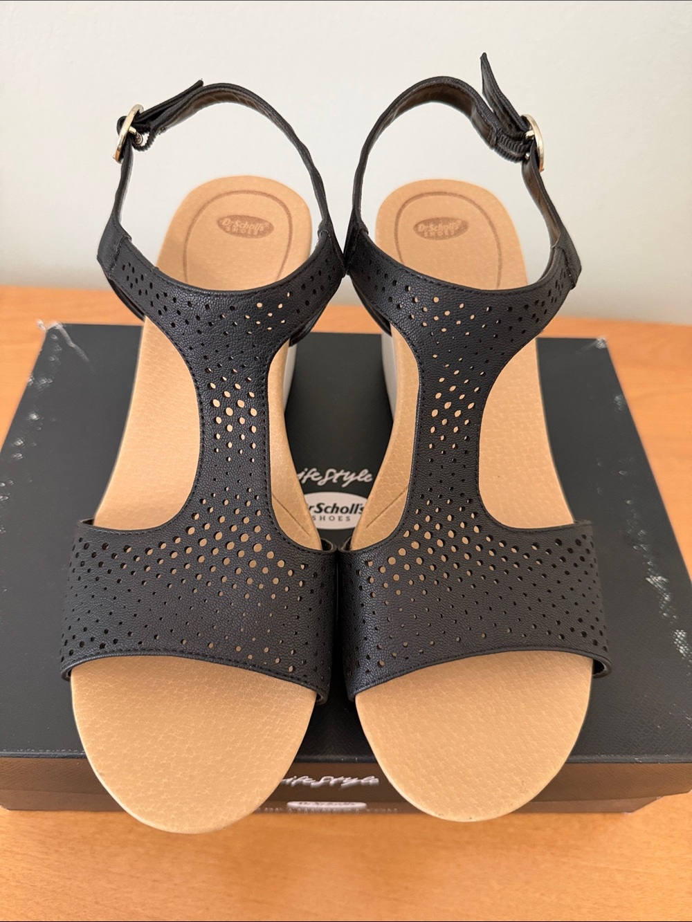 Dr. Scholl's Selma Black Perforated T‑Strap Slingback Sandals